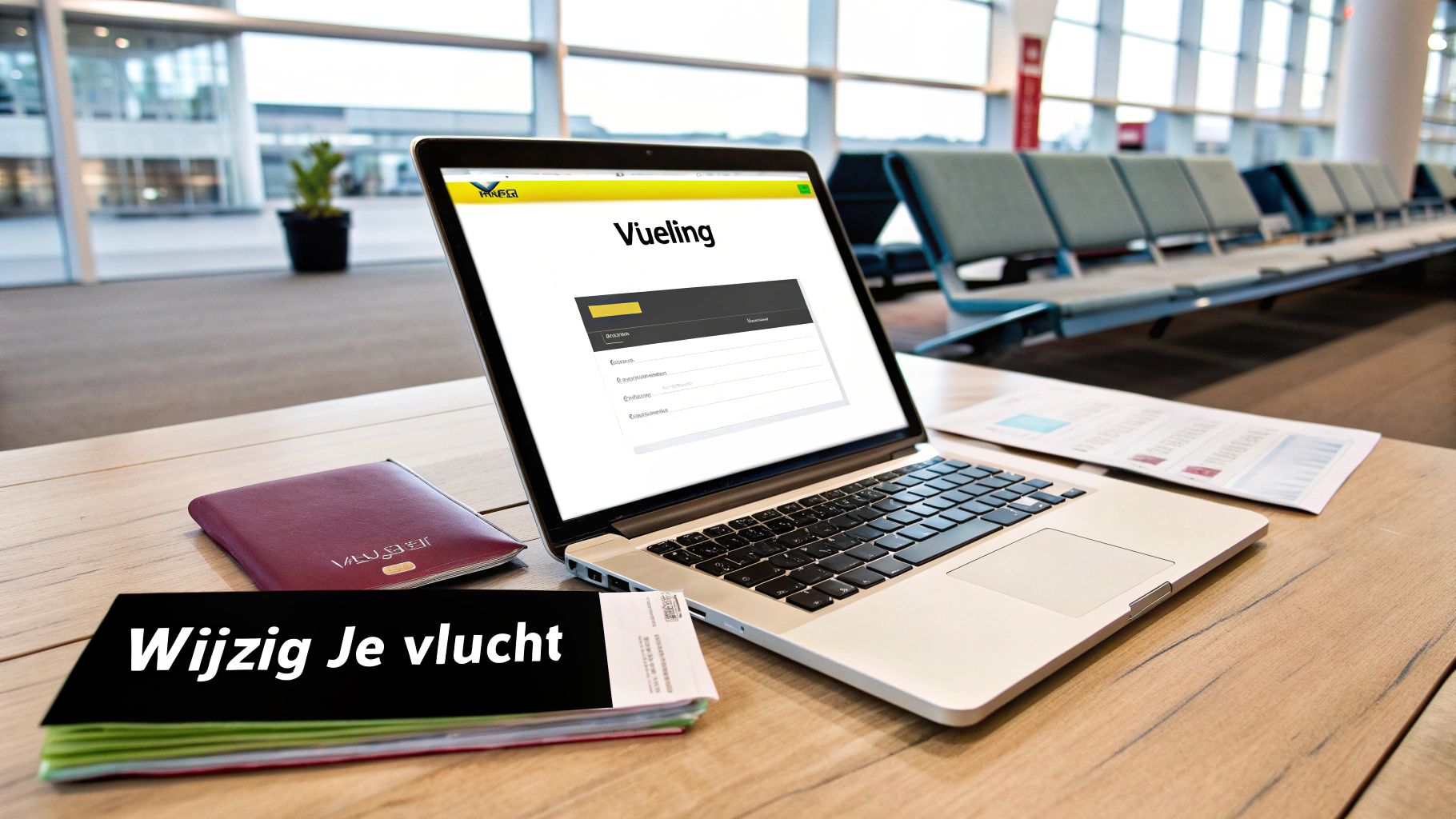 Een laptop toont de Vueling website met vluchtgegevens, naast een paspoort en reisdocumenten op een houten tafel in een luchthaven.