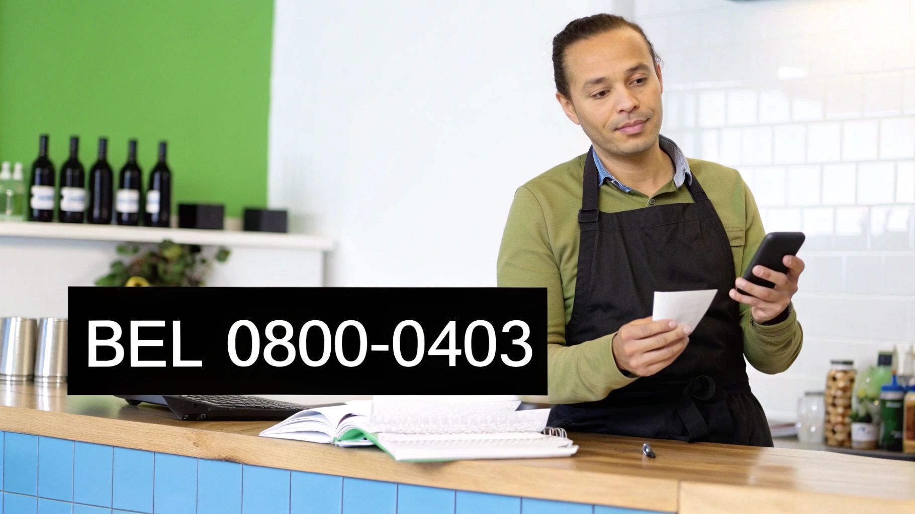 Man in schort houdt telefoon en papier vast bij een balie, met 'BEL 0800-0403' in beeld.