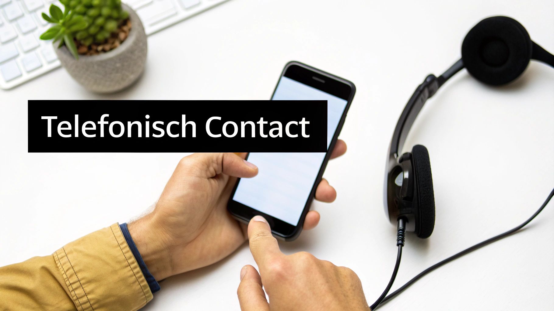 Een persoon houdt een smartphone vast met de tekst 'Telefonisch Contact'. Een headset en kantoorspullen liggen op tafel.