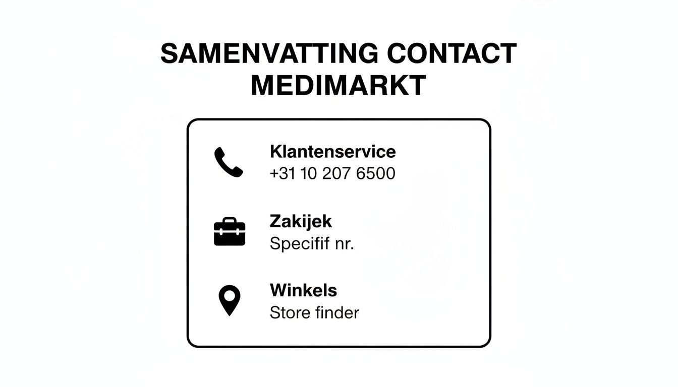 Overzicht van Mediamarkt contactgegevens met telefoonnummer klantenservice, zakelijke informatie en winkellocator.