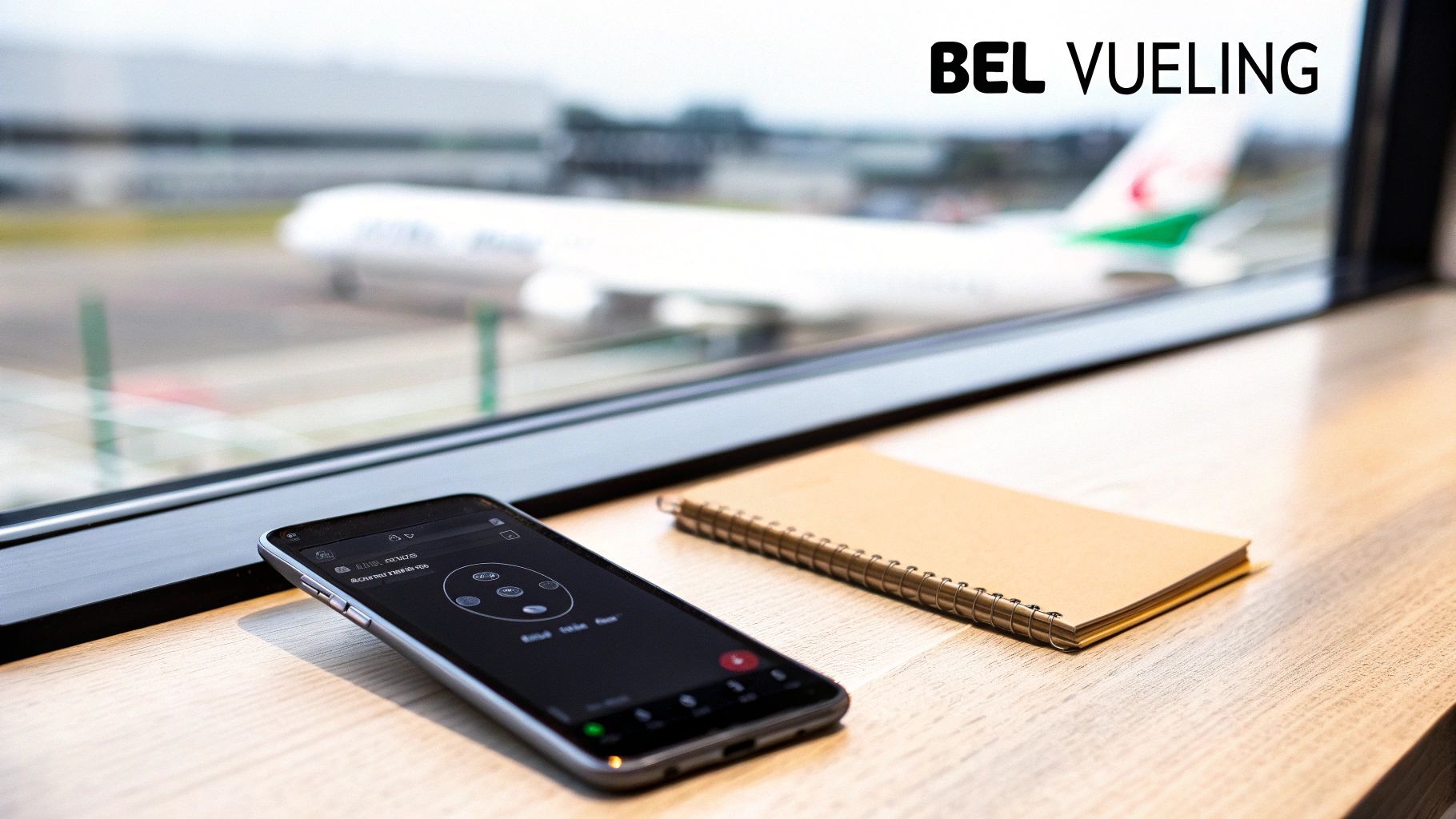 Een smartphone en notitieboekje op een houten tafel met uitzicht op een vliegveld en een vliegtuig.