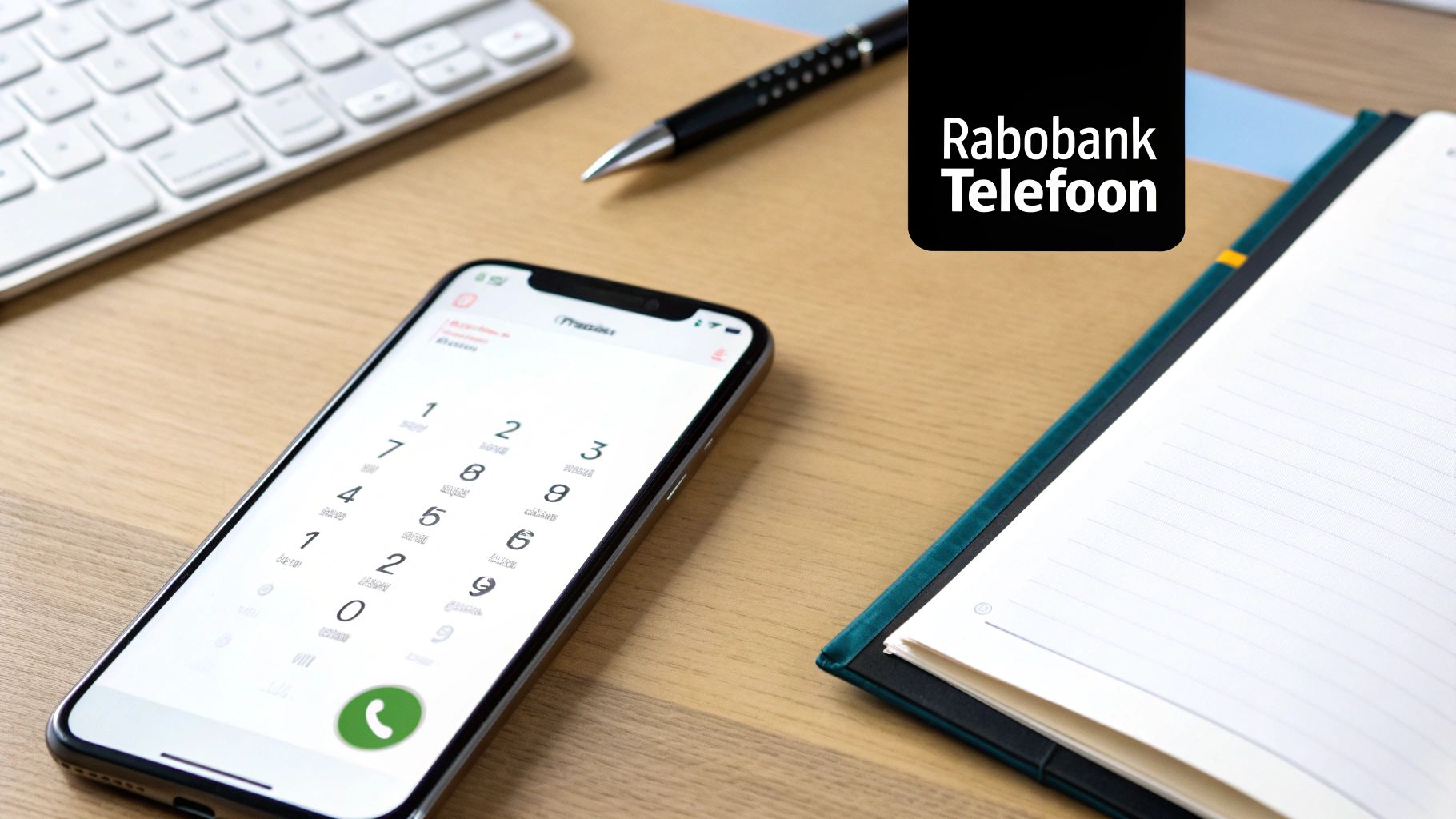 Smartphone met kiesscherm en Rabobank Telefoon logo op bureau met toetsenbord en pen
