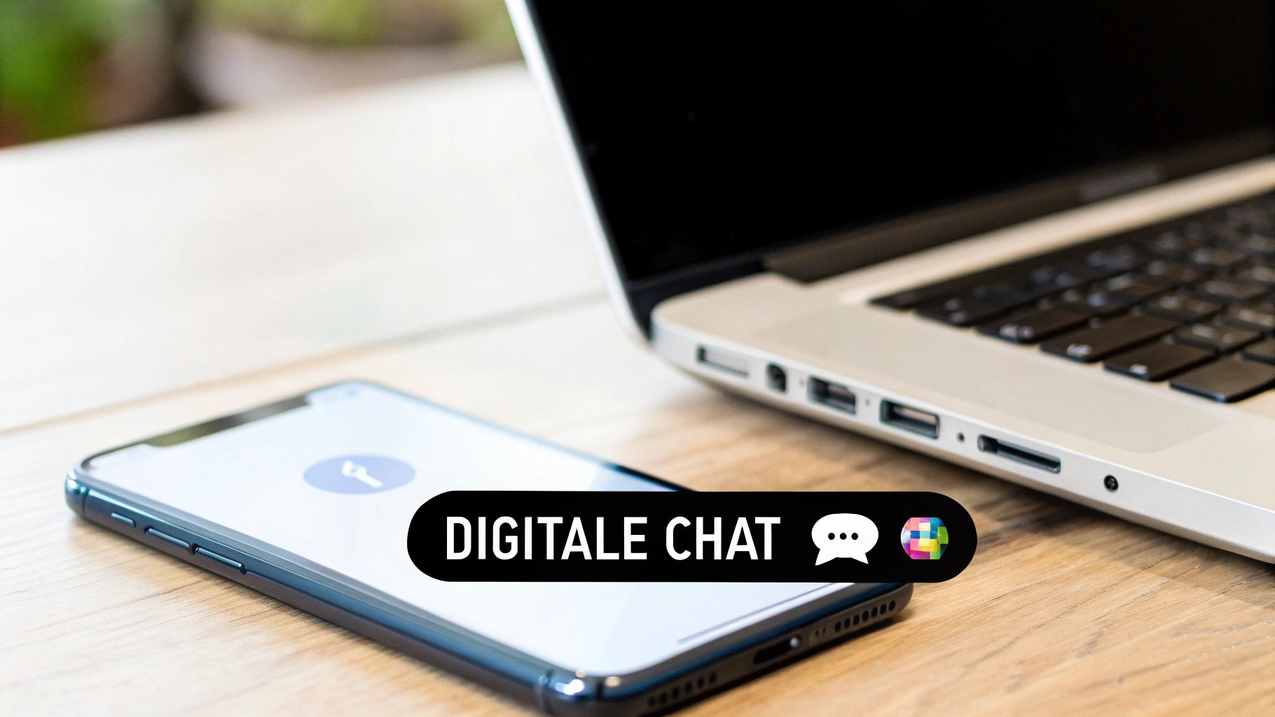 Een smartphone en laptop op een houten bureau met de tekst 'DIGITALE CHAT' en een chat-icoon.