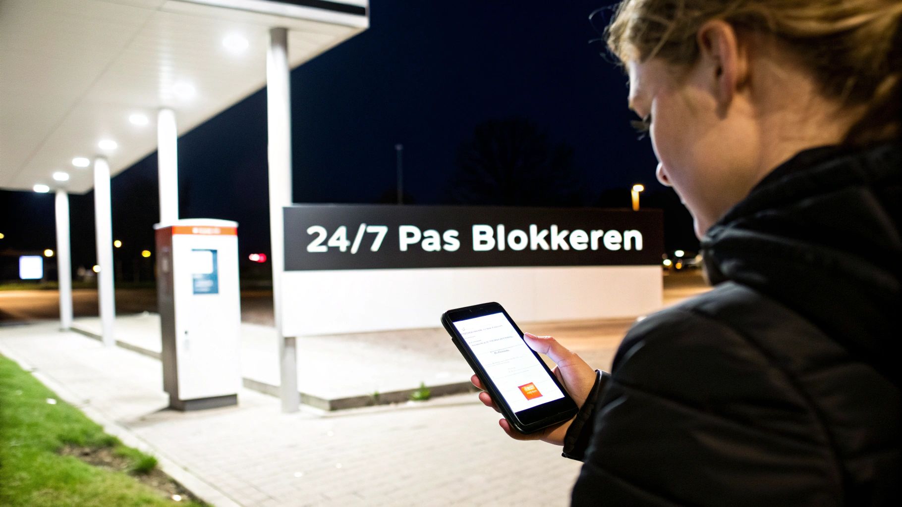 Een persoon gebruikt een smartphone bij nacht, met op de achtergrond een bord '24/7 Pas Blokkeren'.