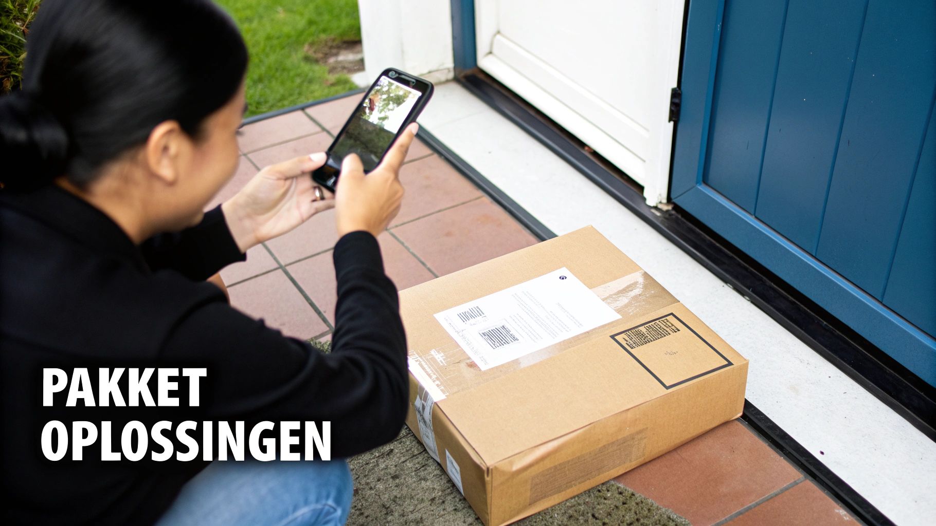 Een persoon fotografeert een pakketje op de stoep bij de voordeur met een smartphone.