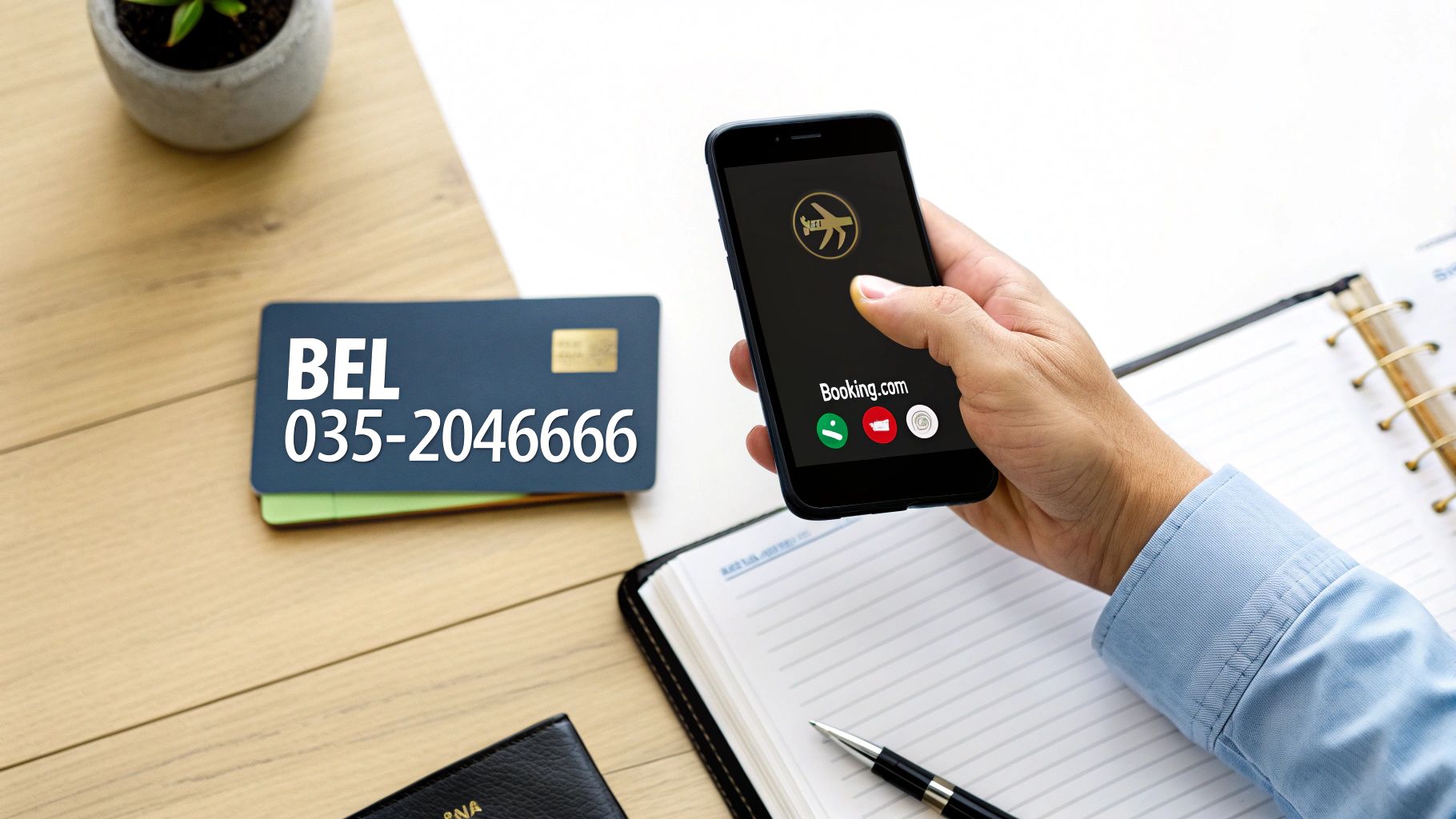 Een persoon belt Booking.com via een smartphone, met een telefoonnummer op een kaartje en een agenda op een houten bureau.