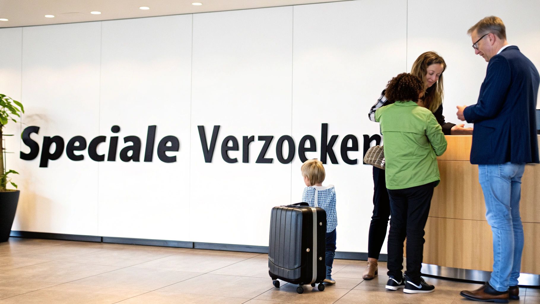Mensen bij een balie met 'Speciale Verzoeken' op de muur, inclusief een kind met koffer.