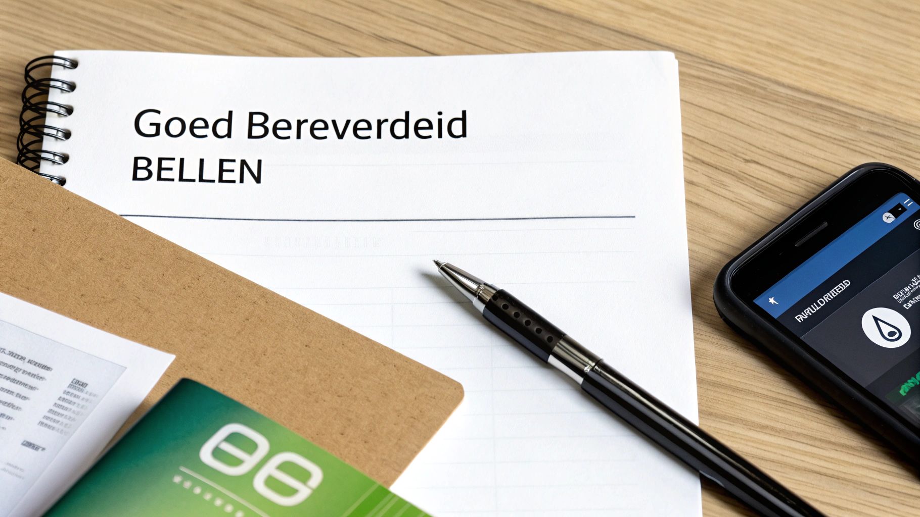 Een notitieblok met de tekst 'Goed Berevereid BELLEN', een pen en een smartphone op een houten tafel.