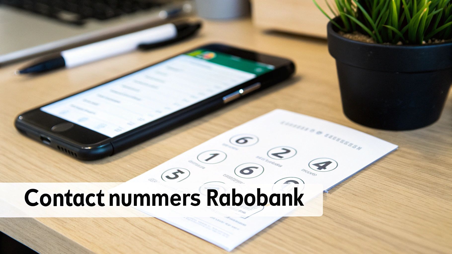 Een bureau met smartphone, pen, plant en een kaart met 'Contact nummers Rabobank' tekst.