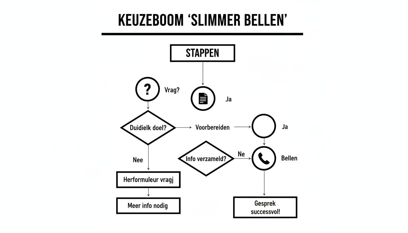 Flowchart 'Slimmer Bellen' toont stappen voor effectieve telefooncommunicatie, inclusief doelbepaling, voorbereiding en informatieverzameling.