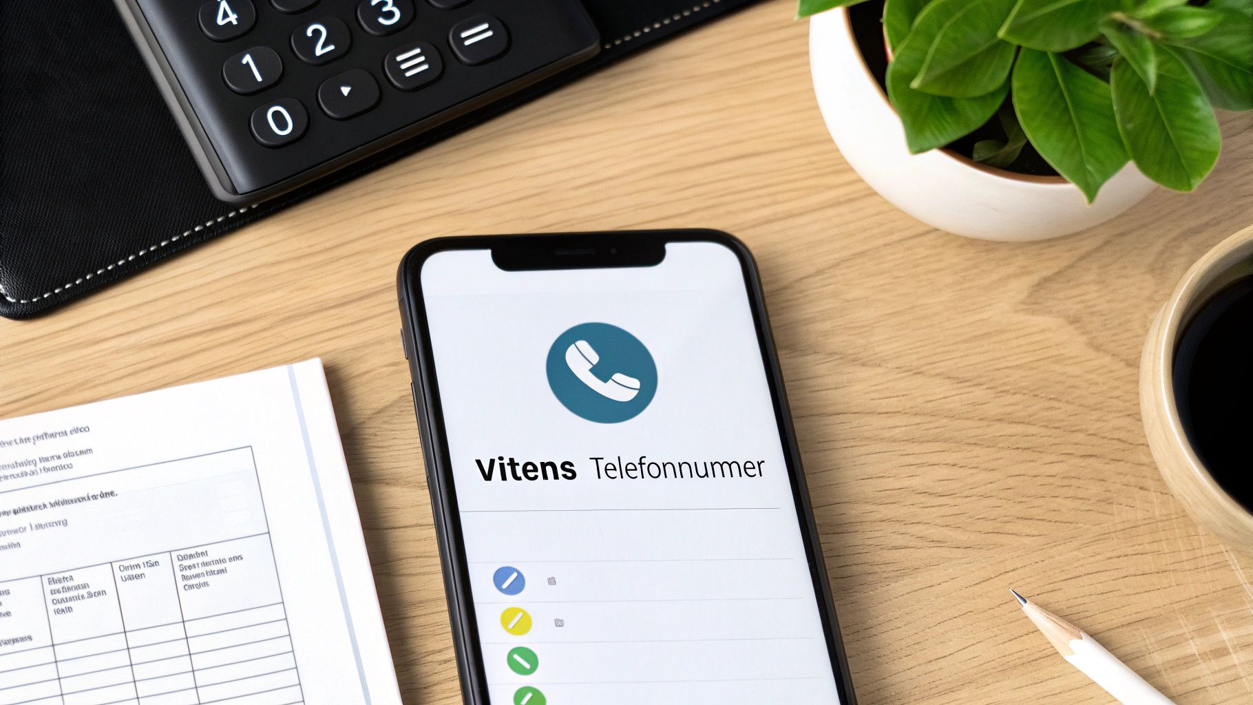 Smartphone toont Vitens telefoonnummer voor klantenservice op een houten bureau met calculator en koffie.