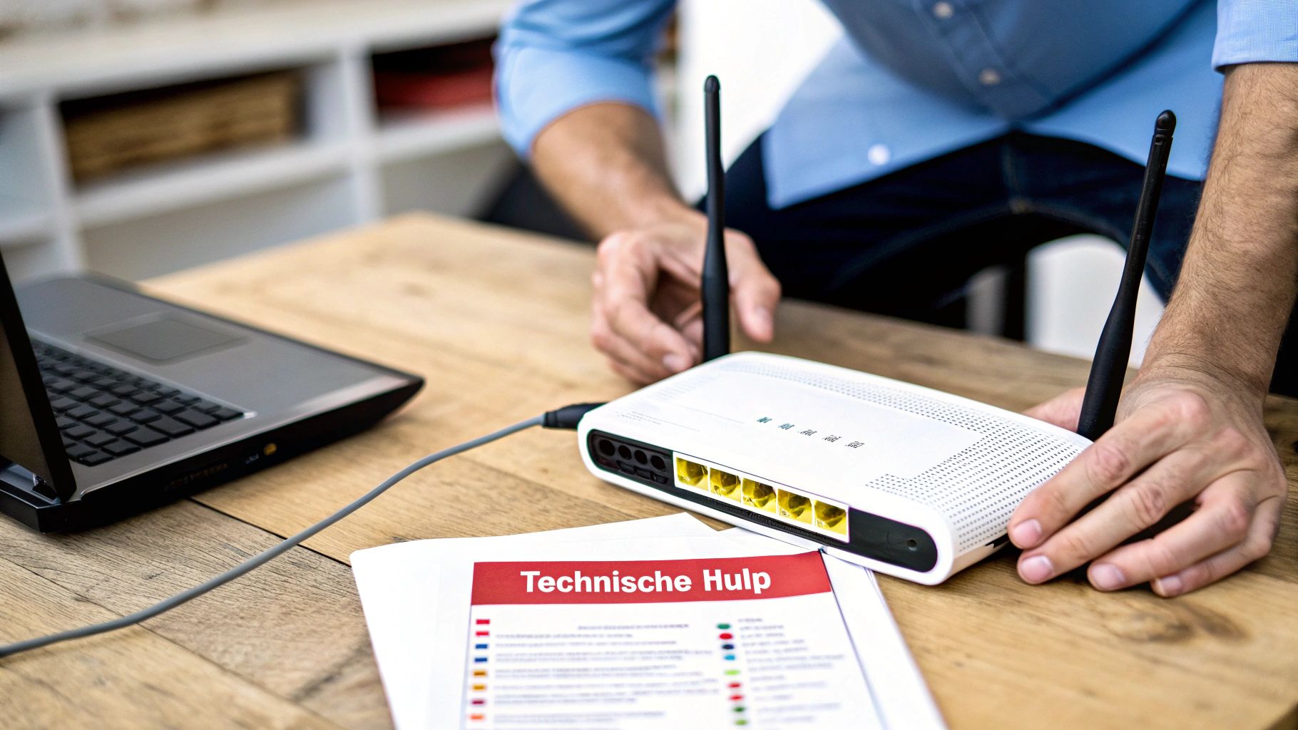 Man stelt een witte router met twee zwarte antennes in op een houten bureau, naast een laptop en handleiding.