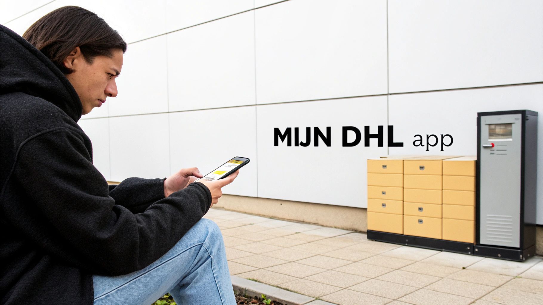 Een persoon gebruikt de Mijn DHL app op een smartphone naast een DHL pakketautomaat.