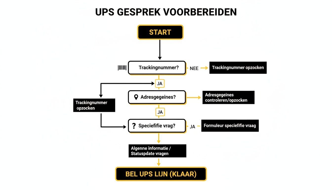 Stroomschema voor het voorbereiden van een telefoongesprek met UPS, inclusief stappen voor tracking en adresgegevens.