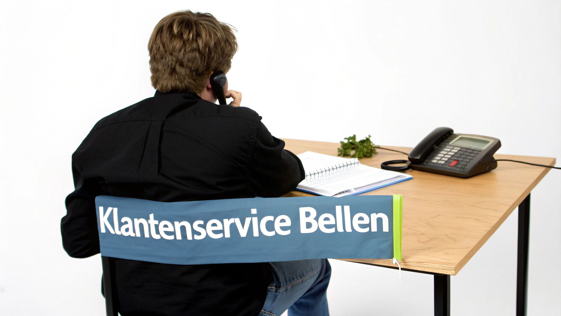 Man van achteren gezien, bellend aan een bureau met notitieboek en 'Klantenservice Bellen' op de stoelhoes.