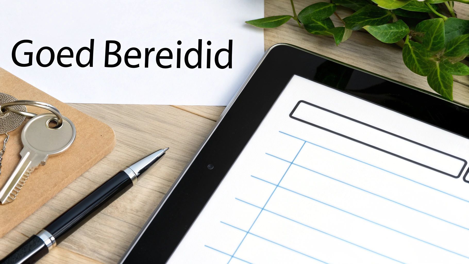 Tablet met notitie-app, pen en sleutels op bureau met tekst Goed Bereidid voor klantcontact