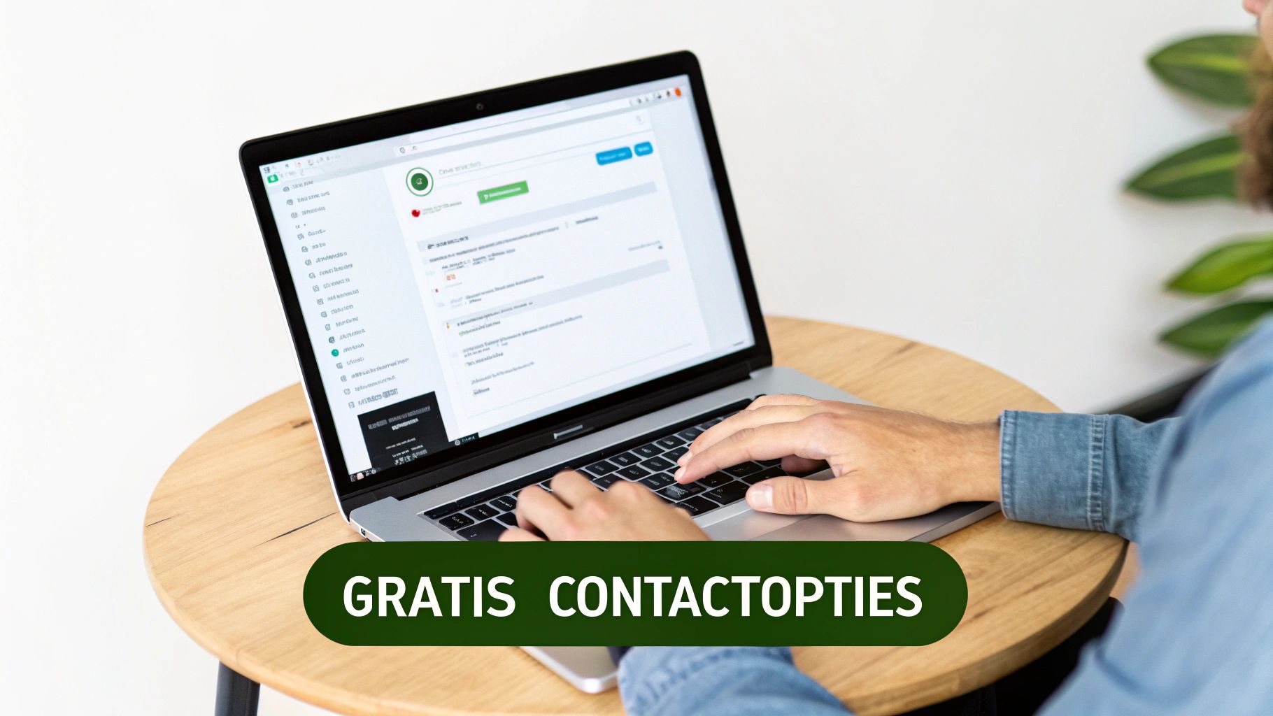 Persoon werkt op laptop met gratis contactopties voor klantenservice en communicatie