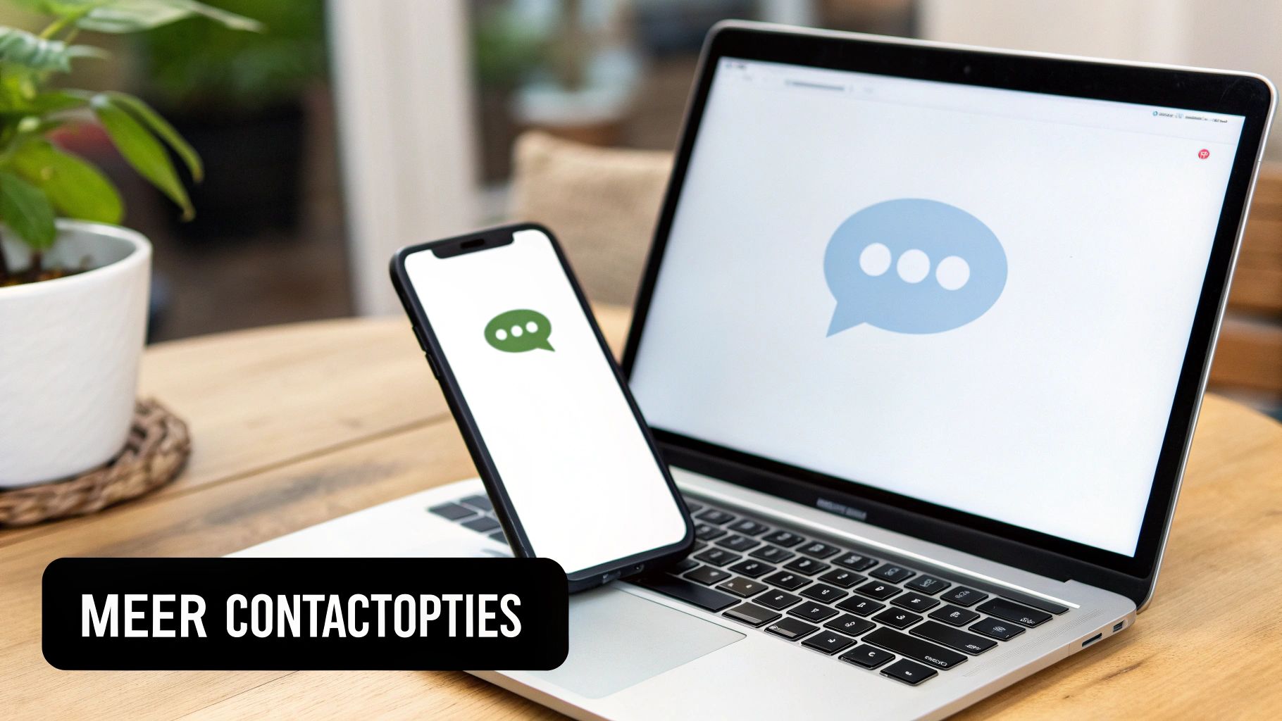 Een laptop en smartphone op een houten bureau, beide met chatpictogrammen. Onderaan staat 'MEER CONTACTOPTIES'.