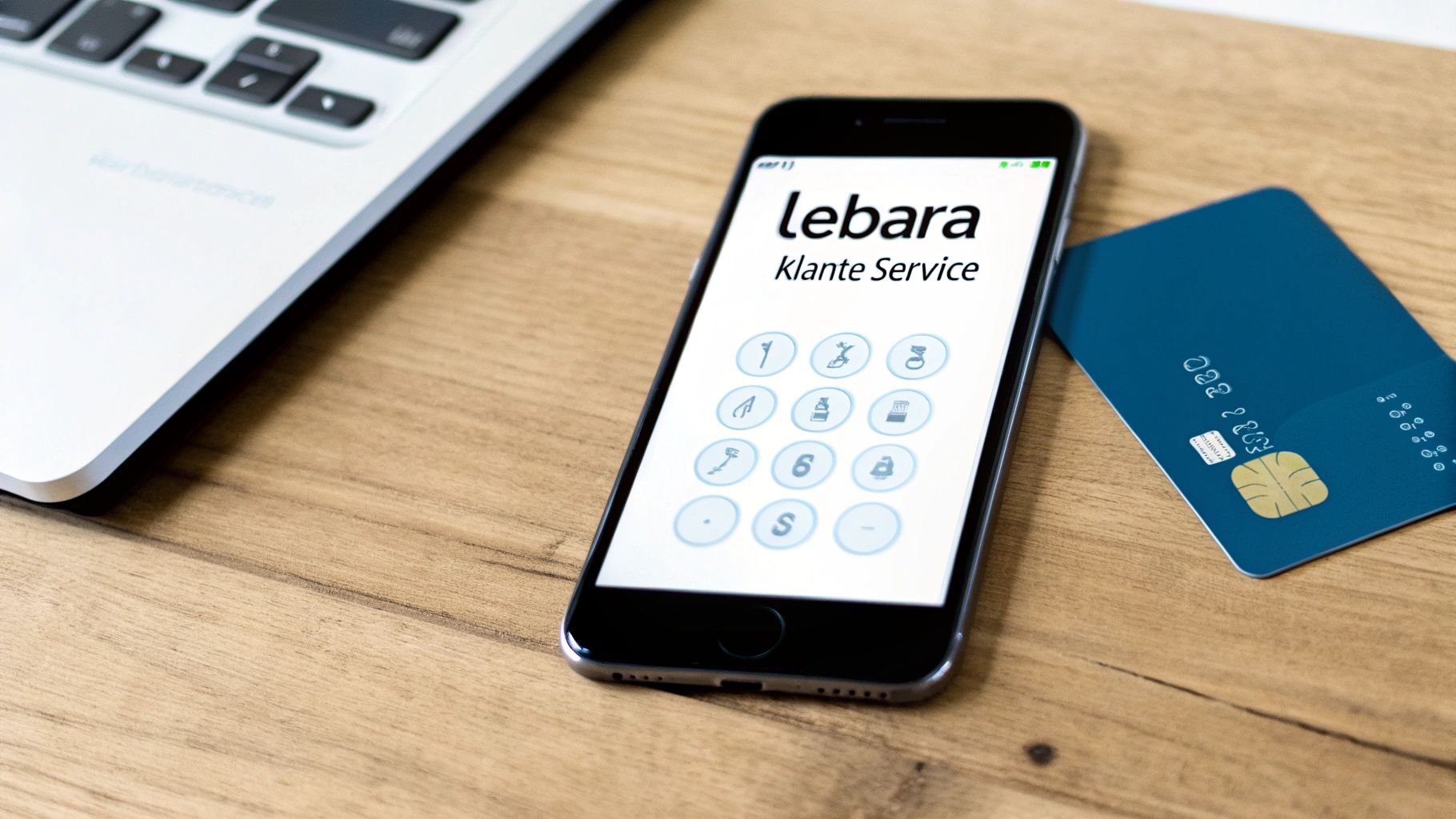 Lebara klantenservice app op smartphone met contactopties naast creditcard op bureau