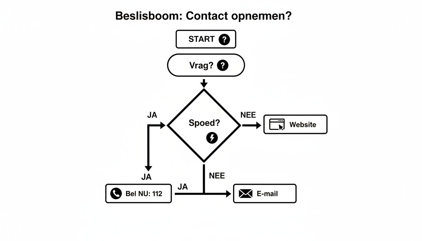 Beslisboom diagram over contact opnemen. Start met een vraag over spoed en leidt tot bellen 112, website of e-mail.