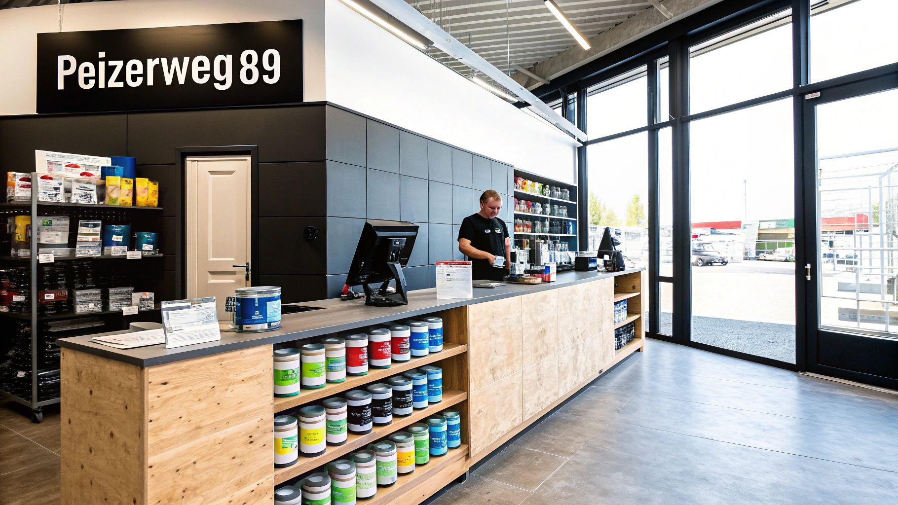 Interieur van een winkel met een man achter de balie, verfblikken op schappen en een bord 'Peizerweg 89'.
