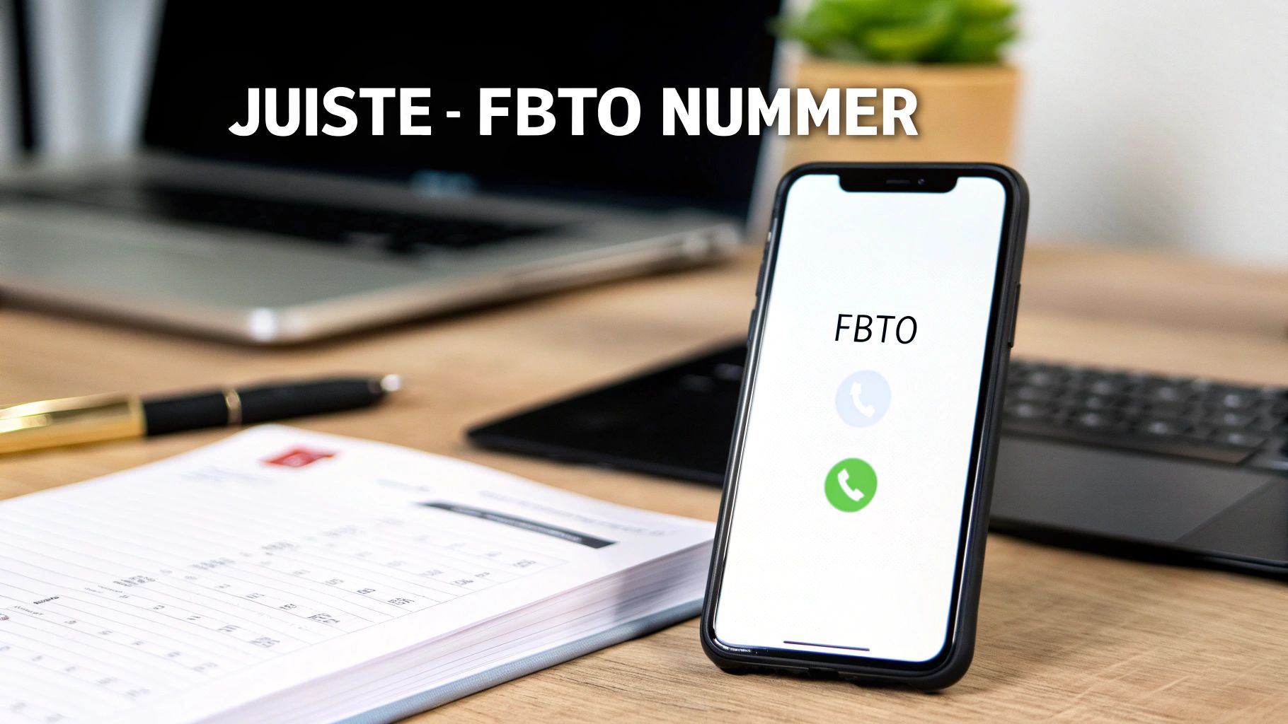 Smartphone op bureau toont FBTO oproep met bellen- en ophangknoppen, naast laptop. Tekst: JUISTE - FBTO NUMMER.