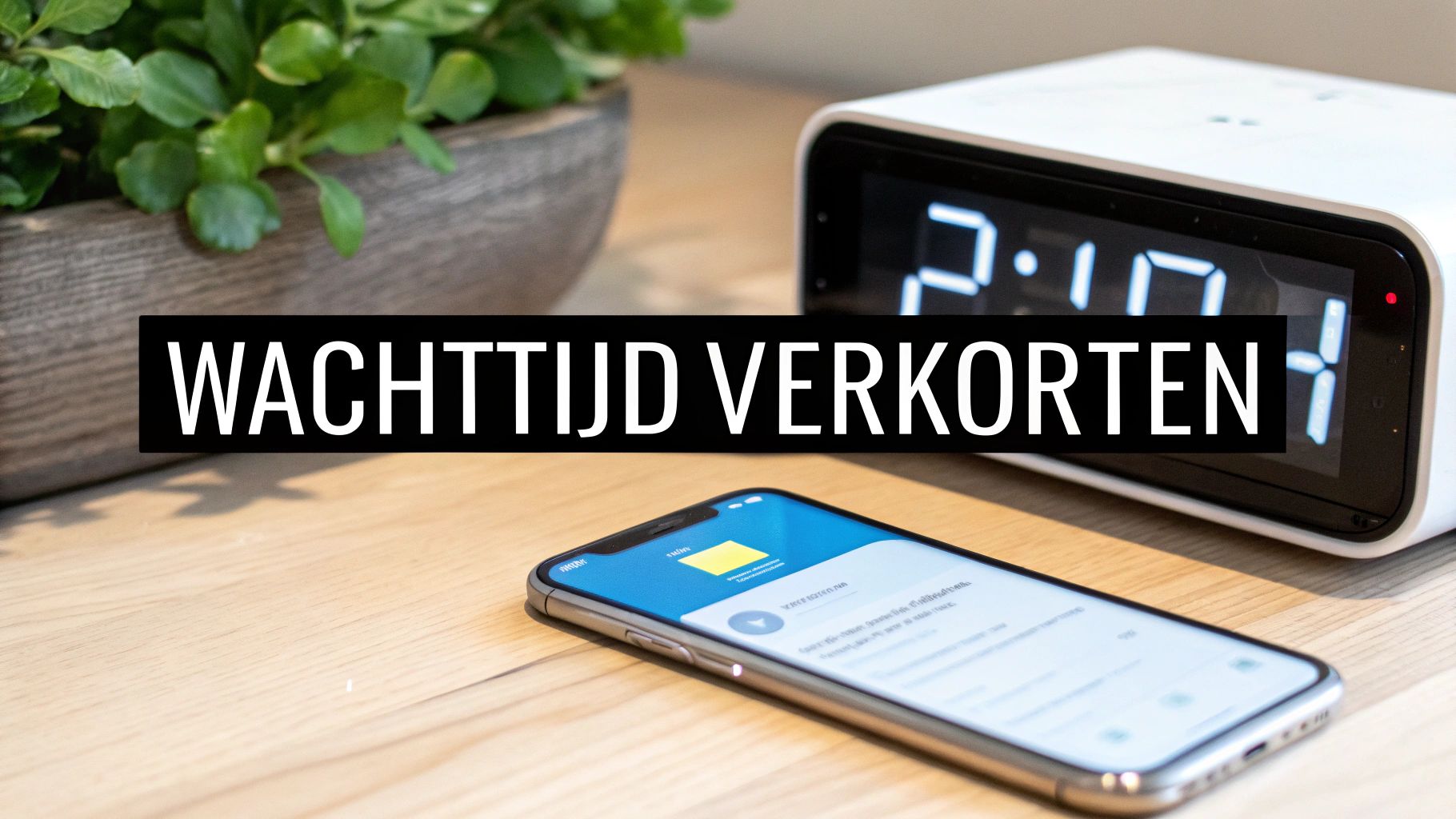 Een smartphone en digitale wekker op een houten tafel, met de tekst 'Wachttijd Verkorten' in beeld.