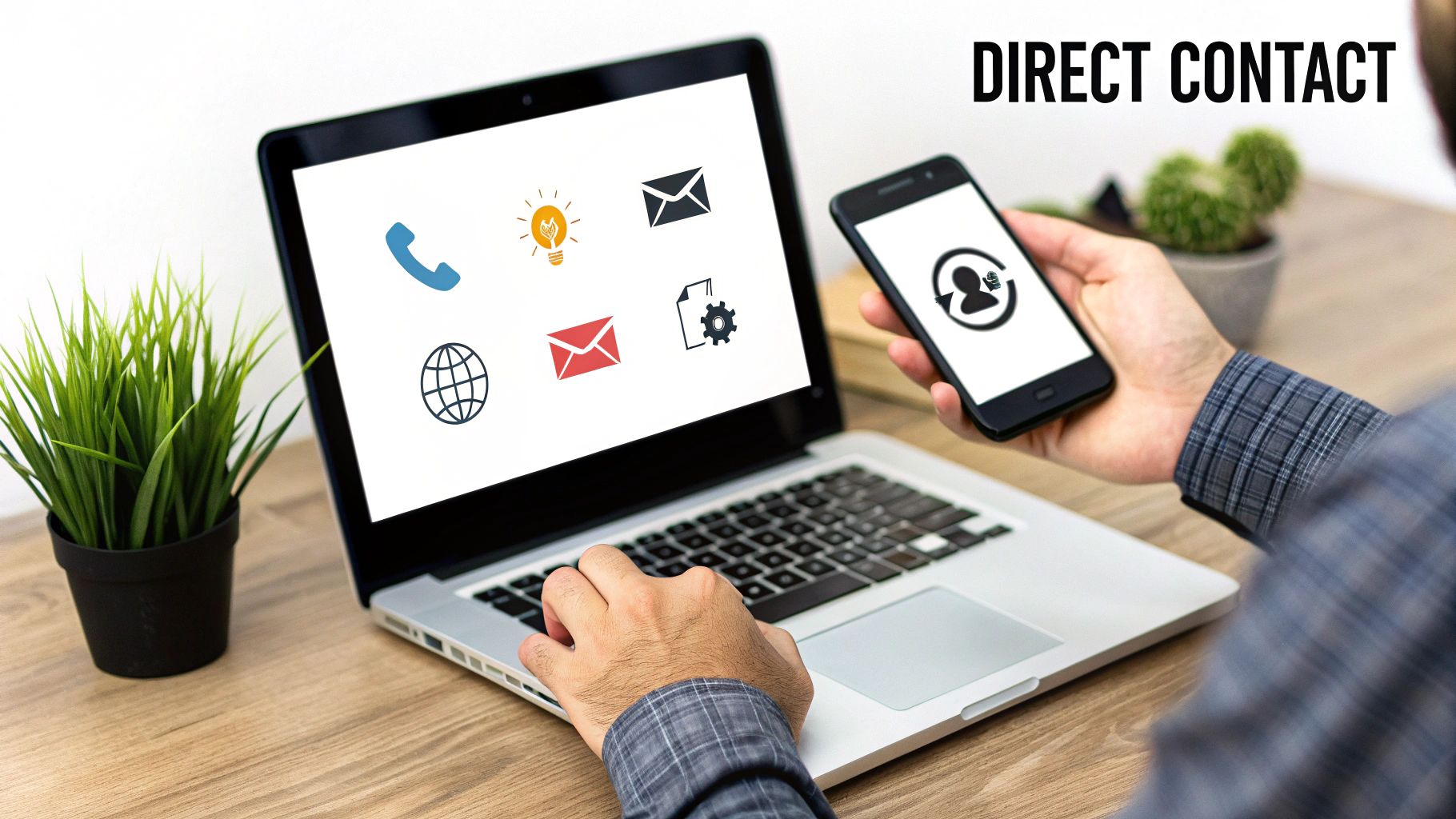 Een persoon gebruikt een laptop en smartphone, beide met iconen die contact en service symboliseren.