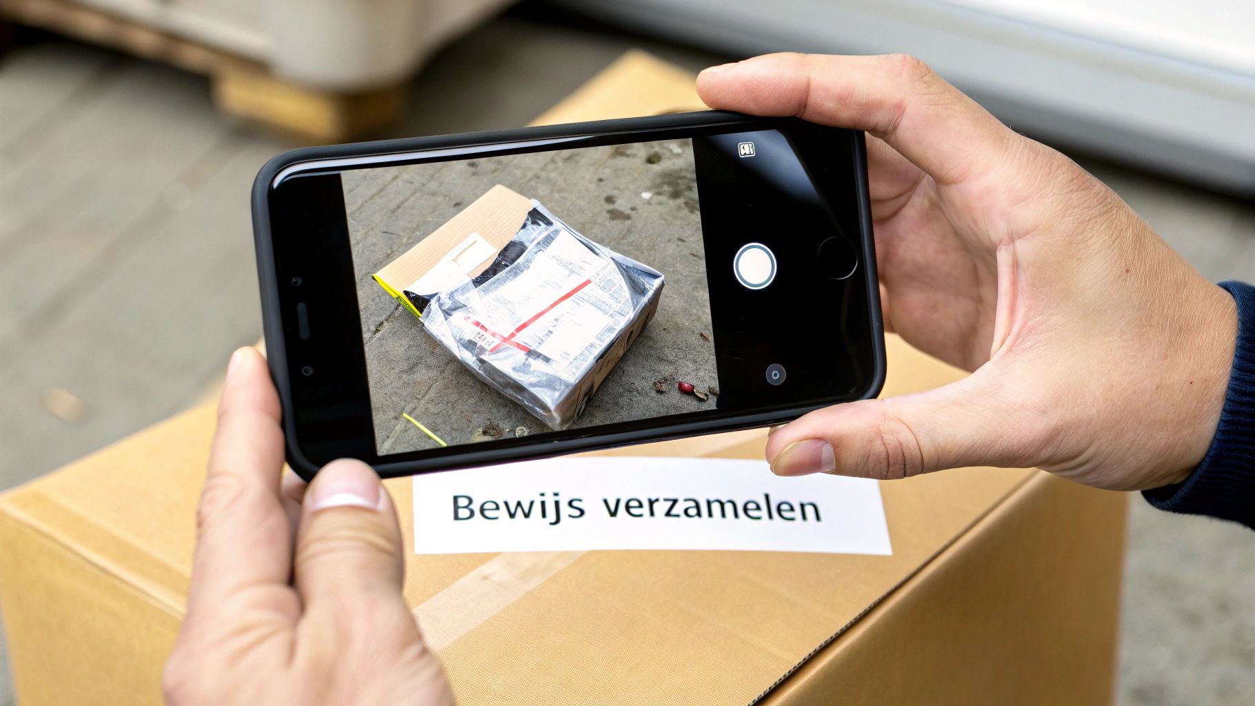 Handen die een smartphone vasthouden om bewijs vast te leggen van een beschadigd pakket en een grotere doos.