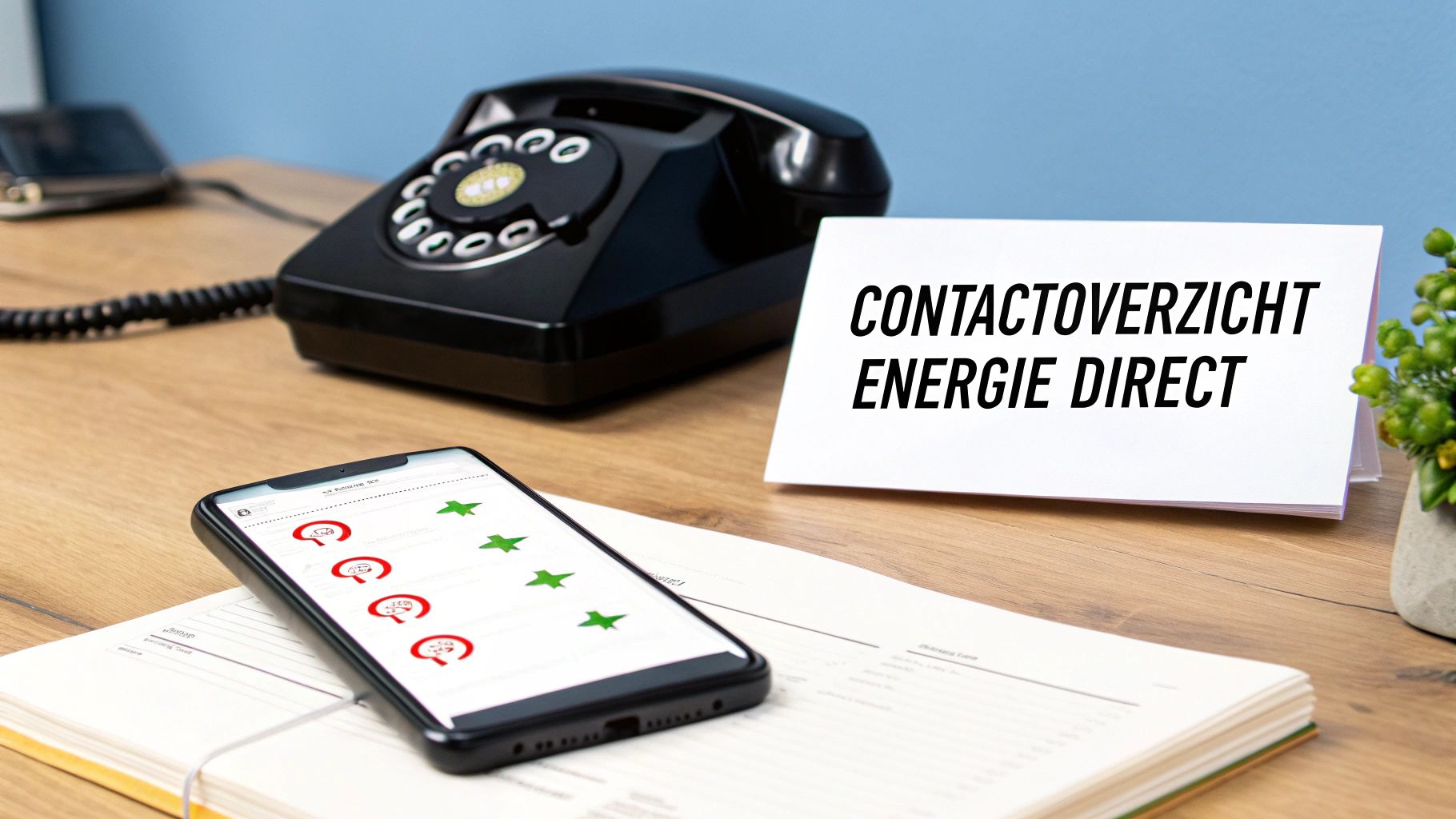 Een retro telefoon, smartphone met app, en een kaartje met 'CONTACTOVERZICHT ENERGIE DIRECT' op een houten bureau.