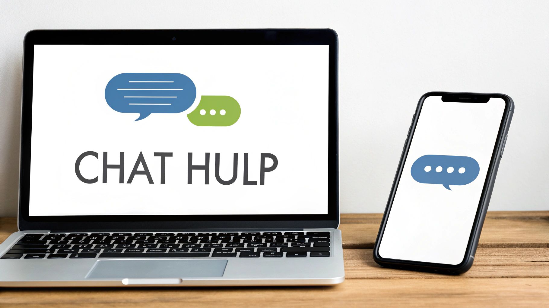 Een laptop en smartphone met chat pictogrammen en de tekst 'CHAT HULP' op het scherm.