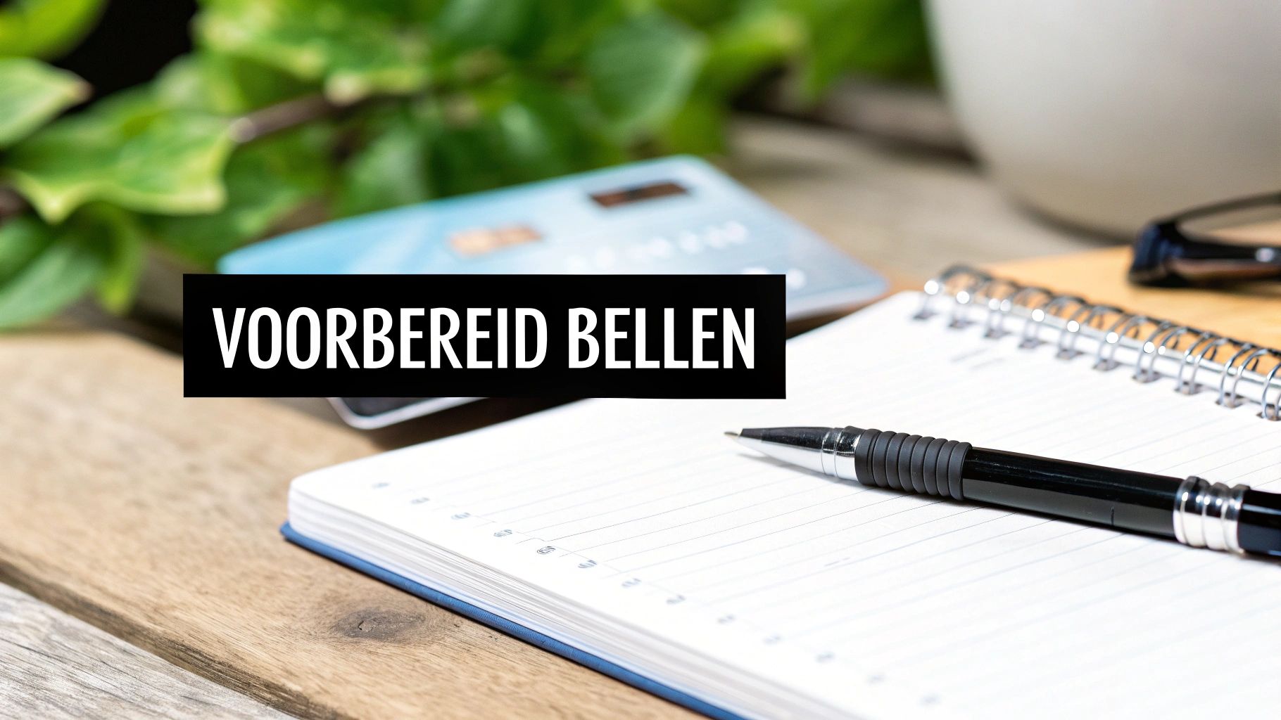 Een werkplek met notitieboek, pen en een kaart, met de tekst 'VOORBEREID BELLEN' erop.