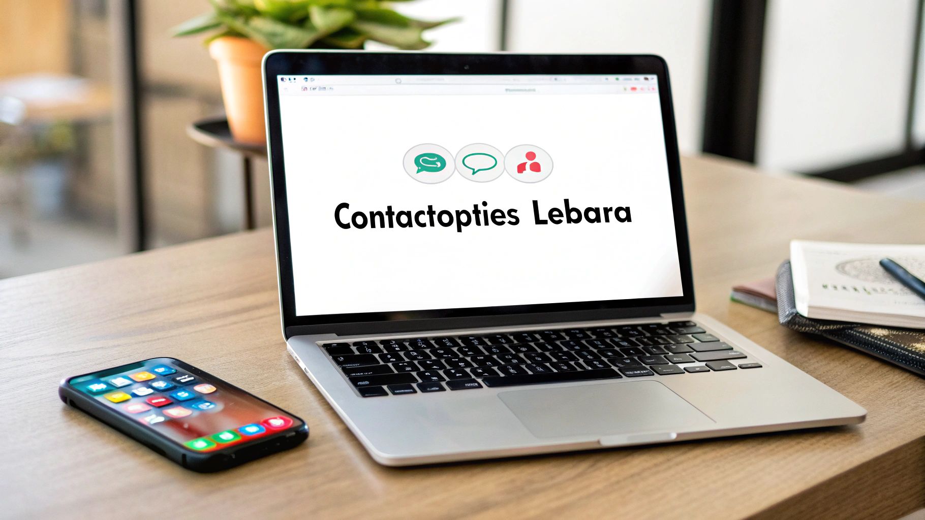 Een persoon typt op een laptop, wat de online contactmogelijkheden zoals chat en sociale media symboliseert.