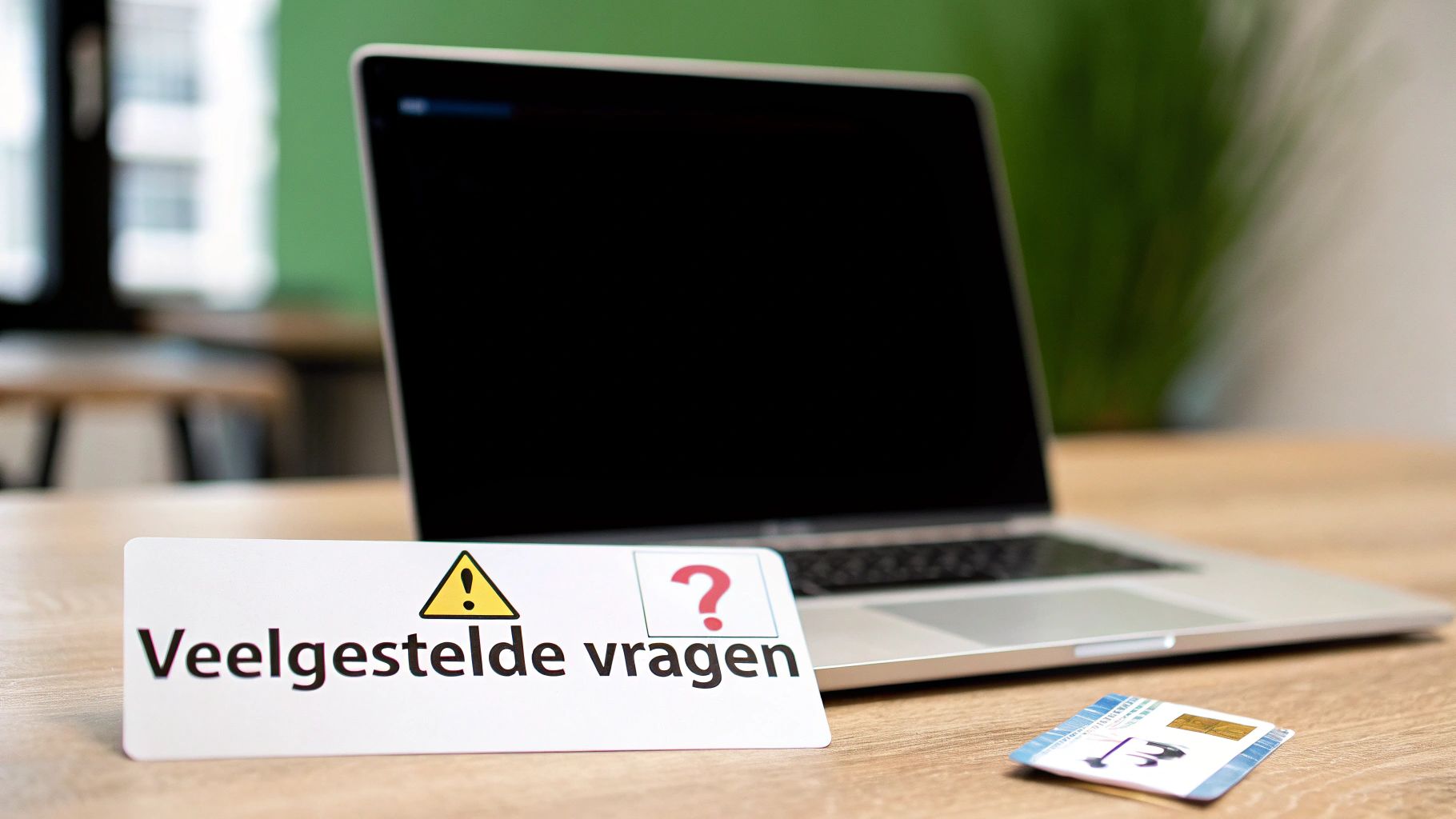Een laptop met leeg scherm, een bordje 'Veelgestelde vragen' en een OV-chipkaart op een houten bureau.