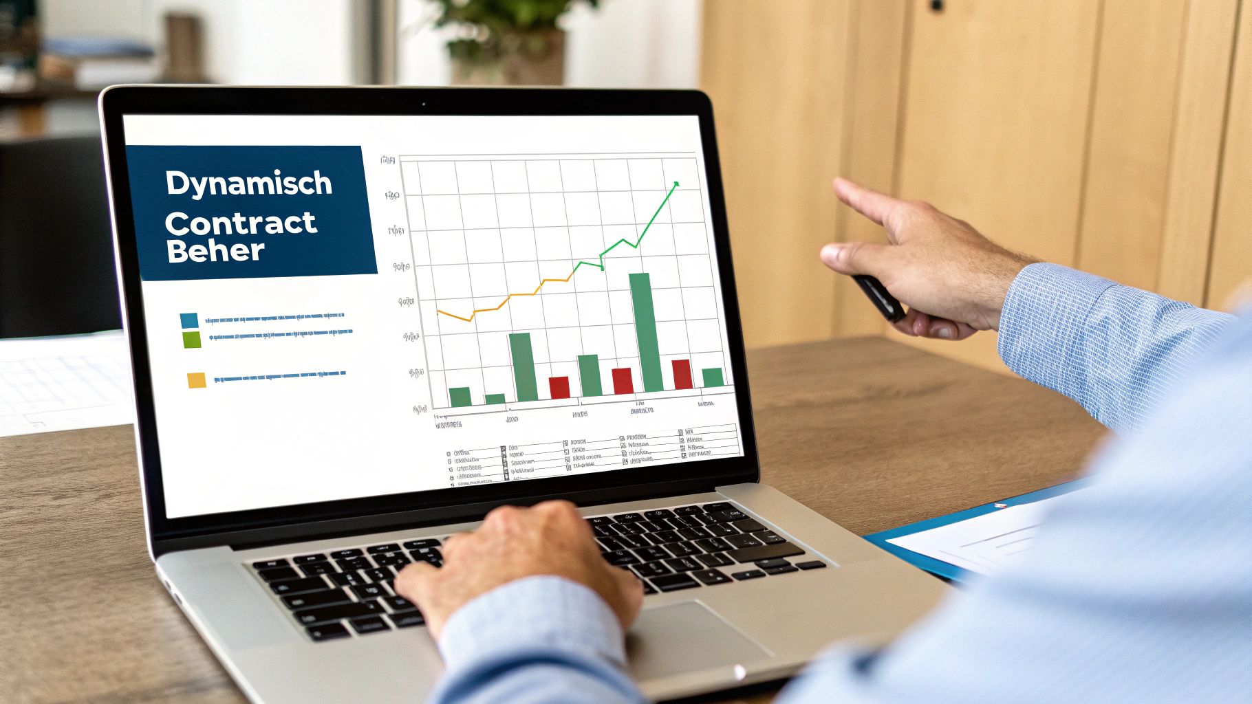 Man werkt op laptop, toont scherm met 'Dynamisch Contract Beheer' en datagrafieken. Wijst naar analyse.