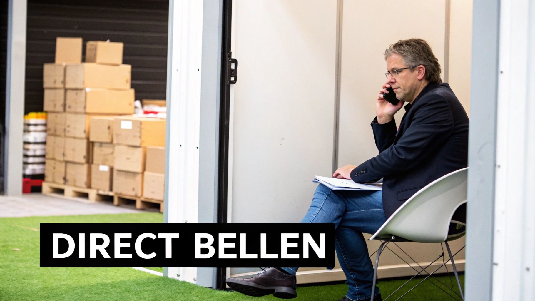 Man met bril belt met smartphone, zittend op stoel. Achter hem stapels dozen in magazijn. Kunstgras voorgrond.