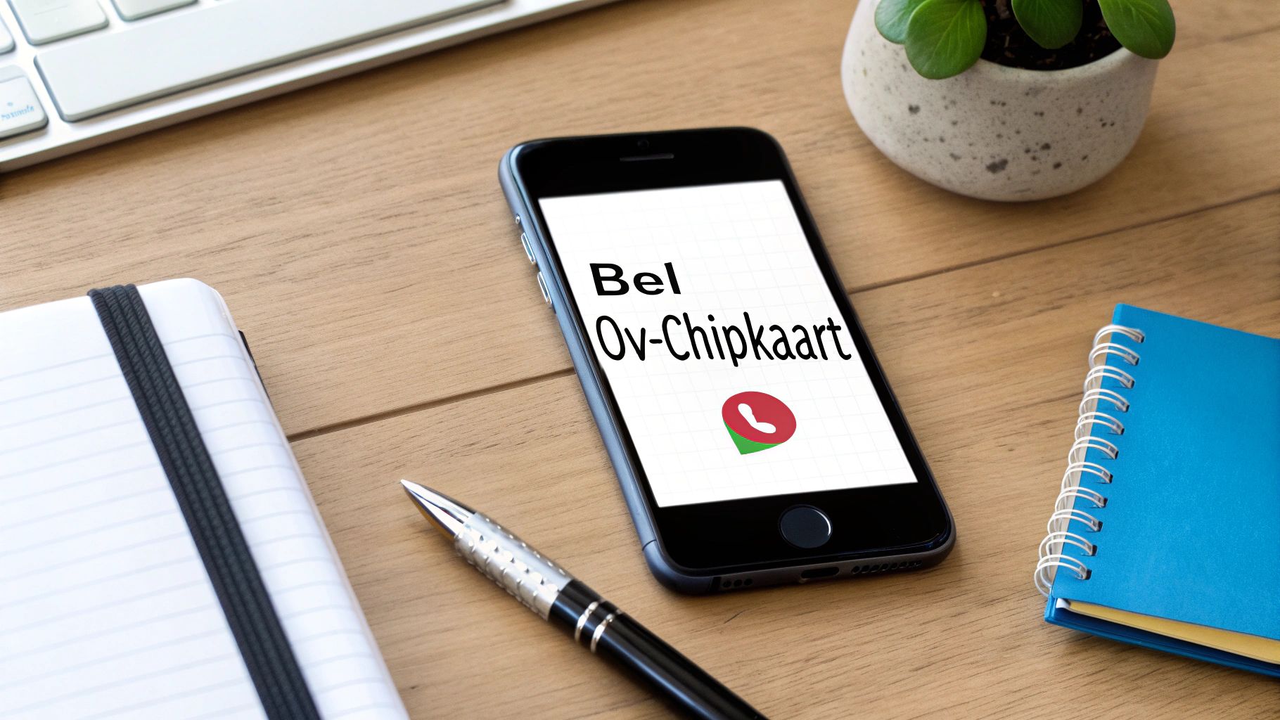Een smartphone met ‘Bel Ov-Chipkaart’ op het scherm ligt op een houten bureau naast kantoorbenodigdheden.