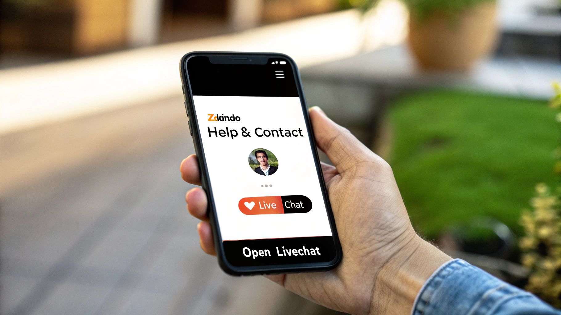 Een hand houdt een smartphone vast met het Zalando Help & Contact scherm, inclusief live chat opties en een profielfoto.