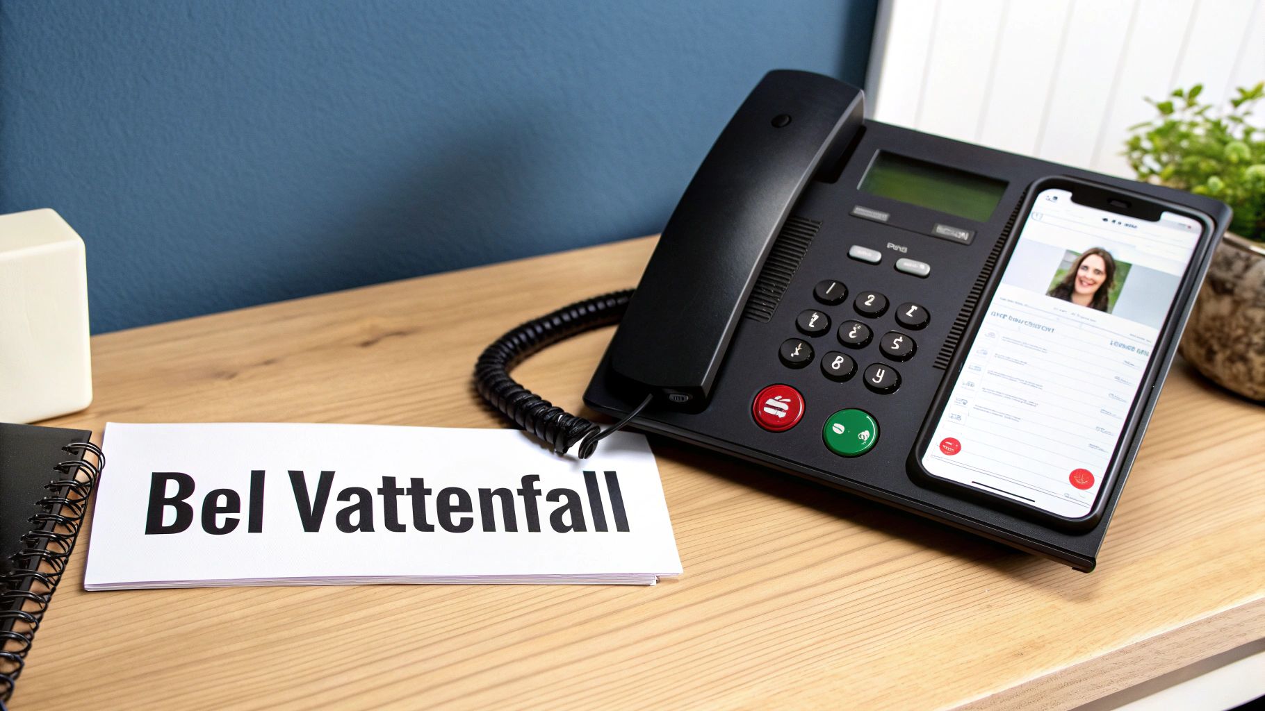 Een vaste telefoon en smartphone op een houten bureau, met papier 'Bel Vattenfall' en een notitieboek.