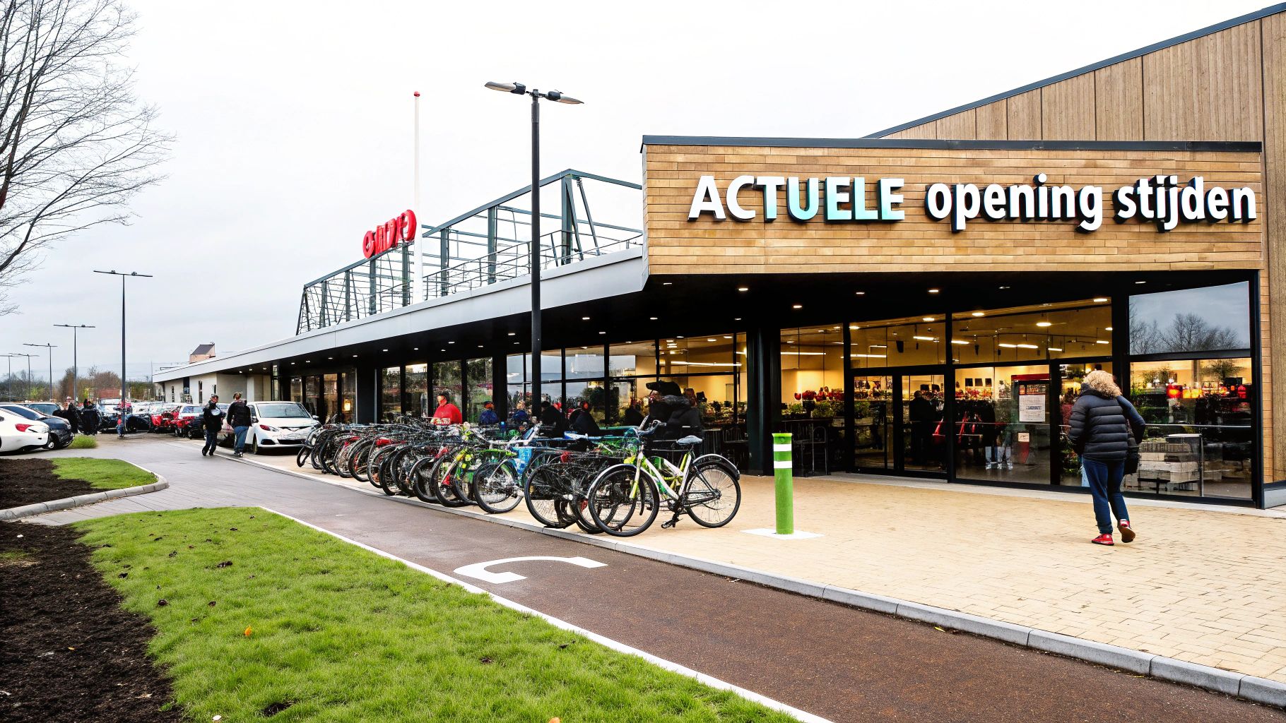 Voorkant van een supermarkt met mensen, fietsenrekken en geparkeerde auto's. Borden tonen 'ACTUELE openingstijden'.