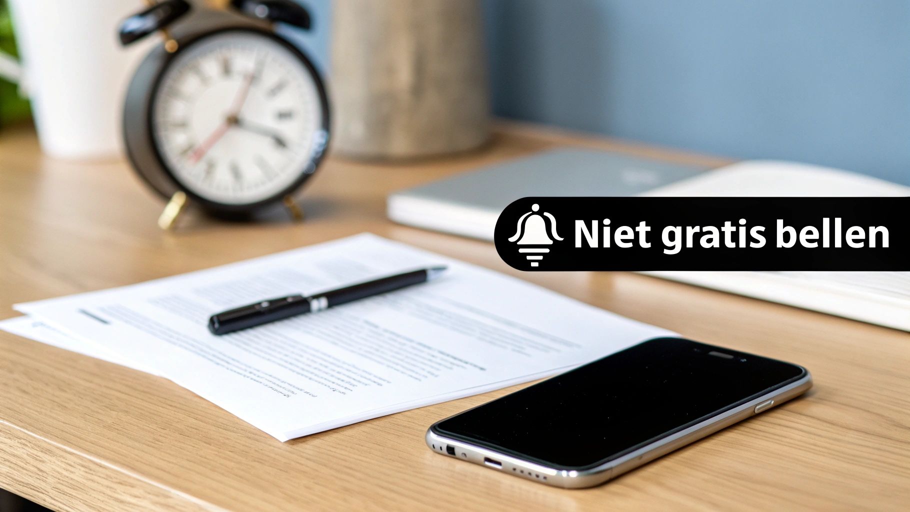 Bureau met smartphone, documenten en klok, overlay tekst 'Niet gratis bellen' met belpictogram