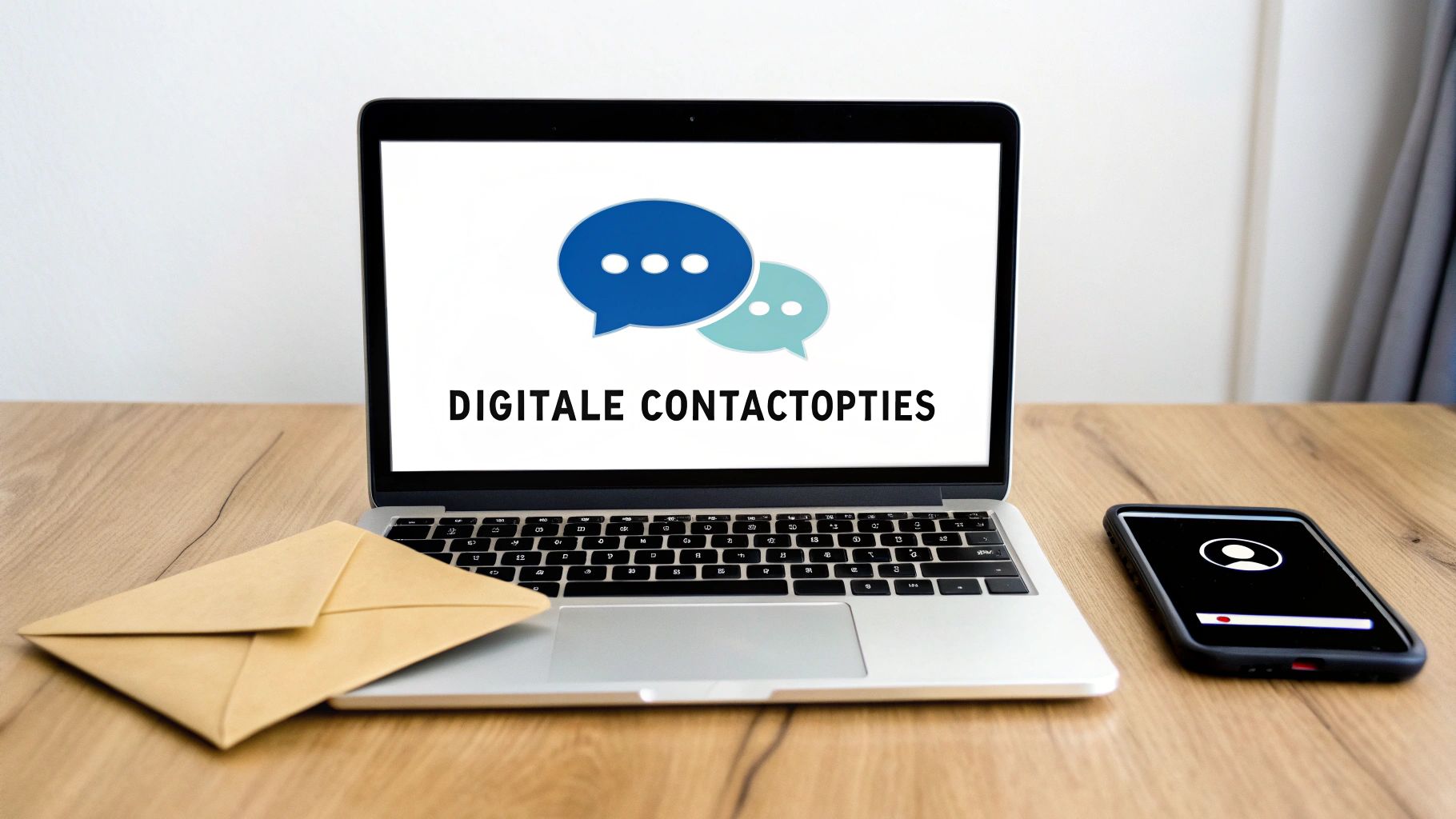 Een laptop toont 'Digitale Contactopties' met chatbellen, een smartphone en een envelop op een houten tafel.
