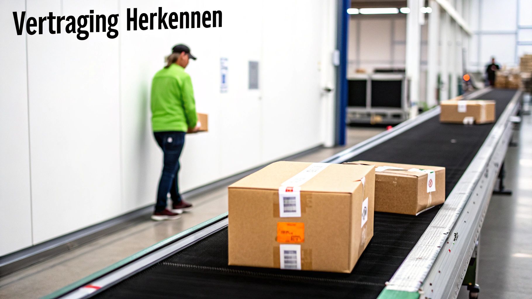 Een magazijnmedewerker plaatst een pakket op een lopende band in een logistiek centrum, met meerdere pakketten in beeld.