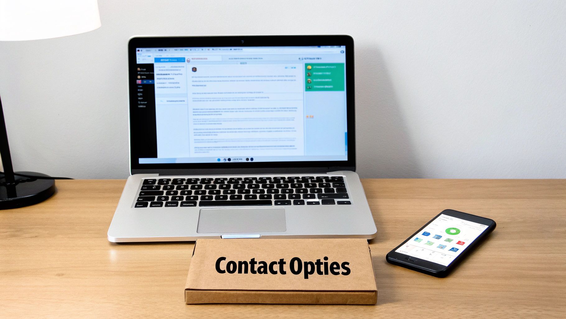 Een laptop met geopende browser, een smartphone en een doos met 'Contact Opties' op een houten bureau met een lamp.