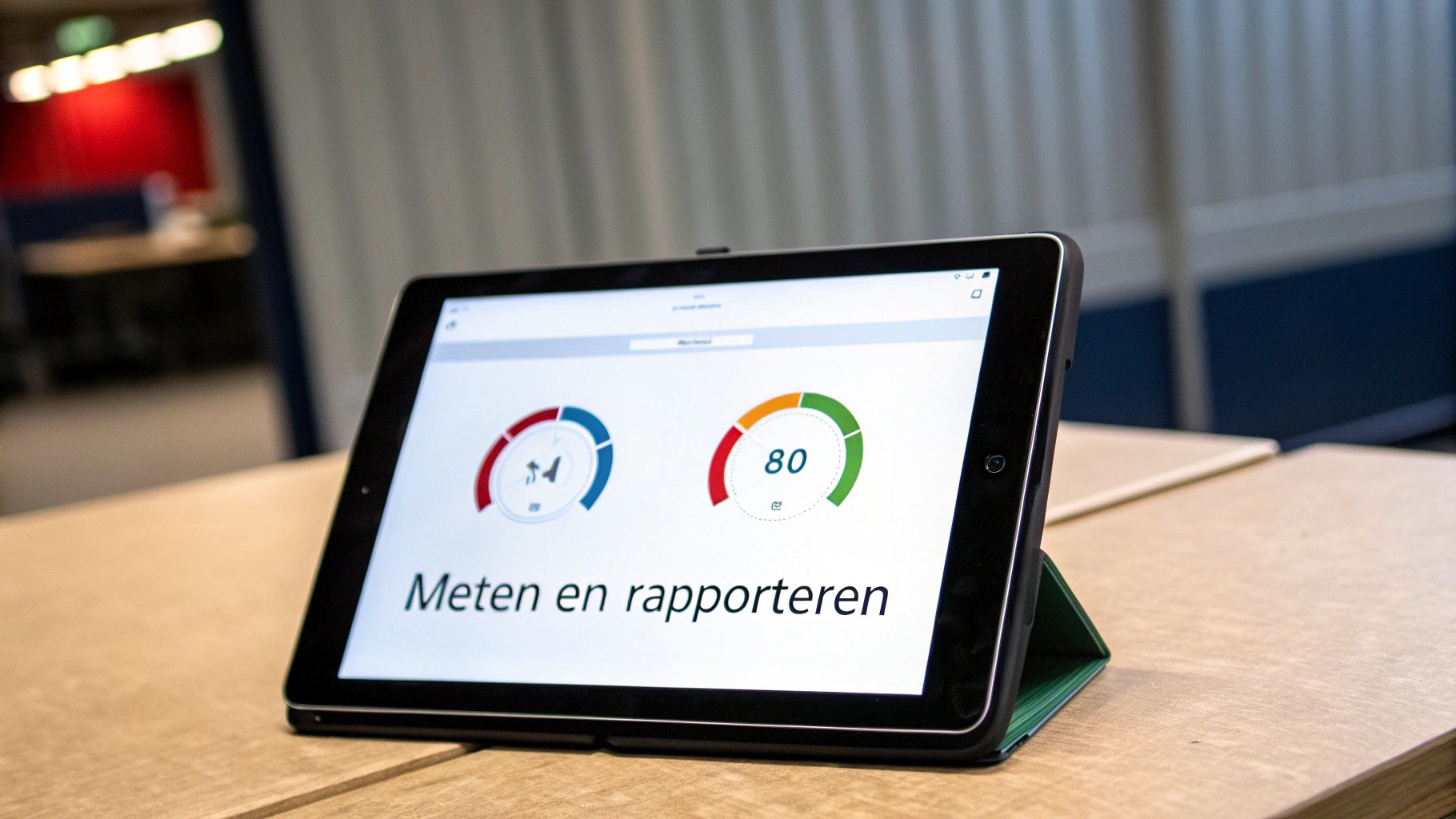 Tablet op een houten tafel toont een dashboard met twee meters en de tekst 'Meten en rapporteren'.