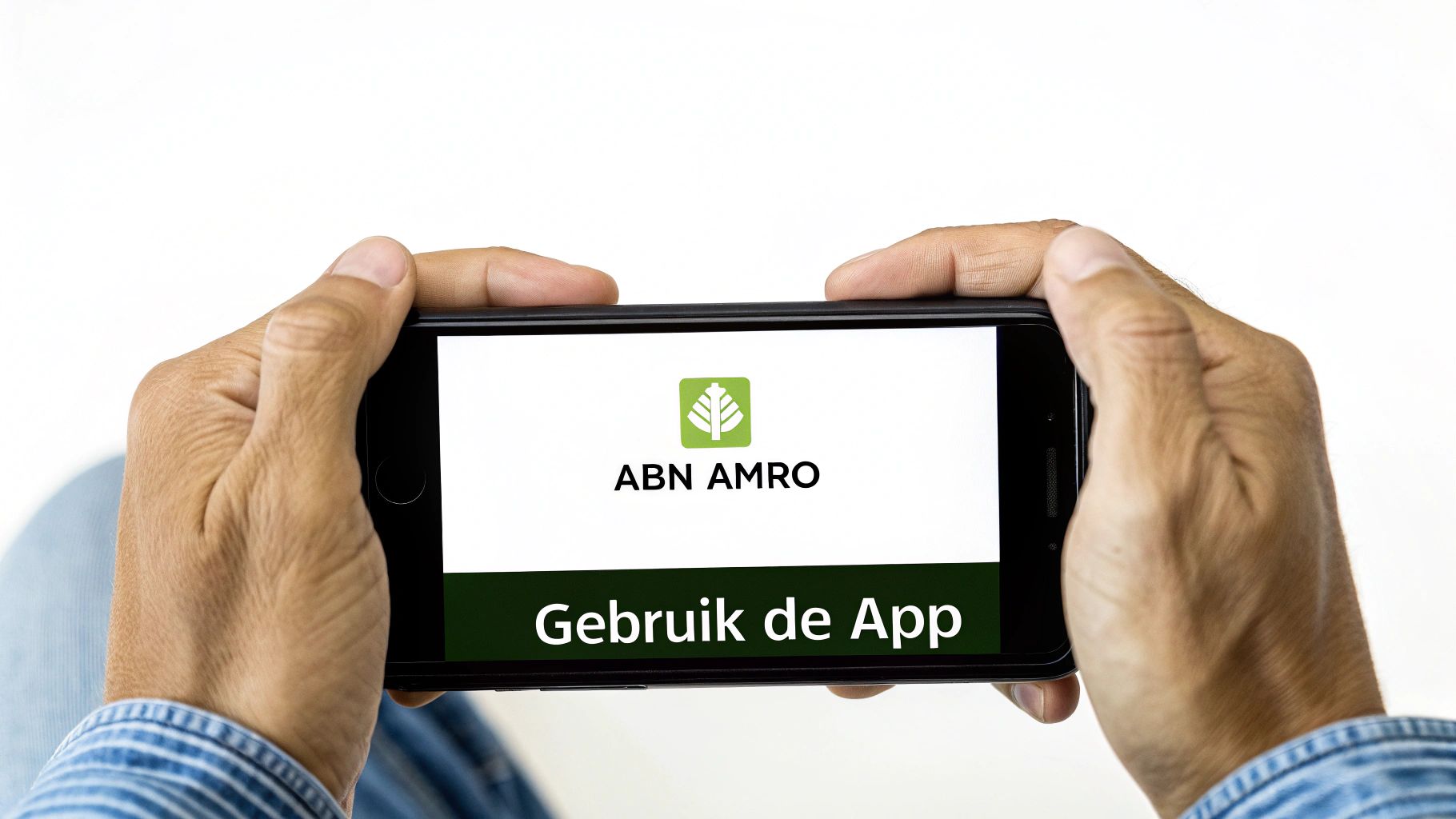 Een persoon houdt een smartphone horizontaal vast met het ABN AMRO logo en de tekst 'Gebruik de App' op het scherm.
