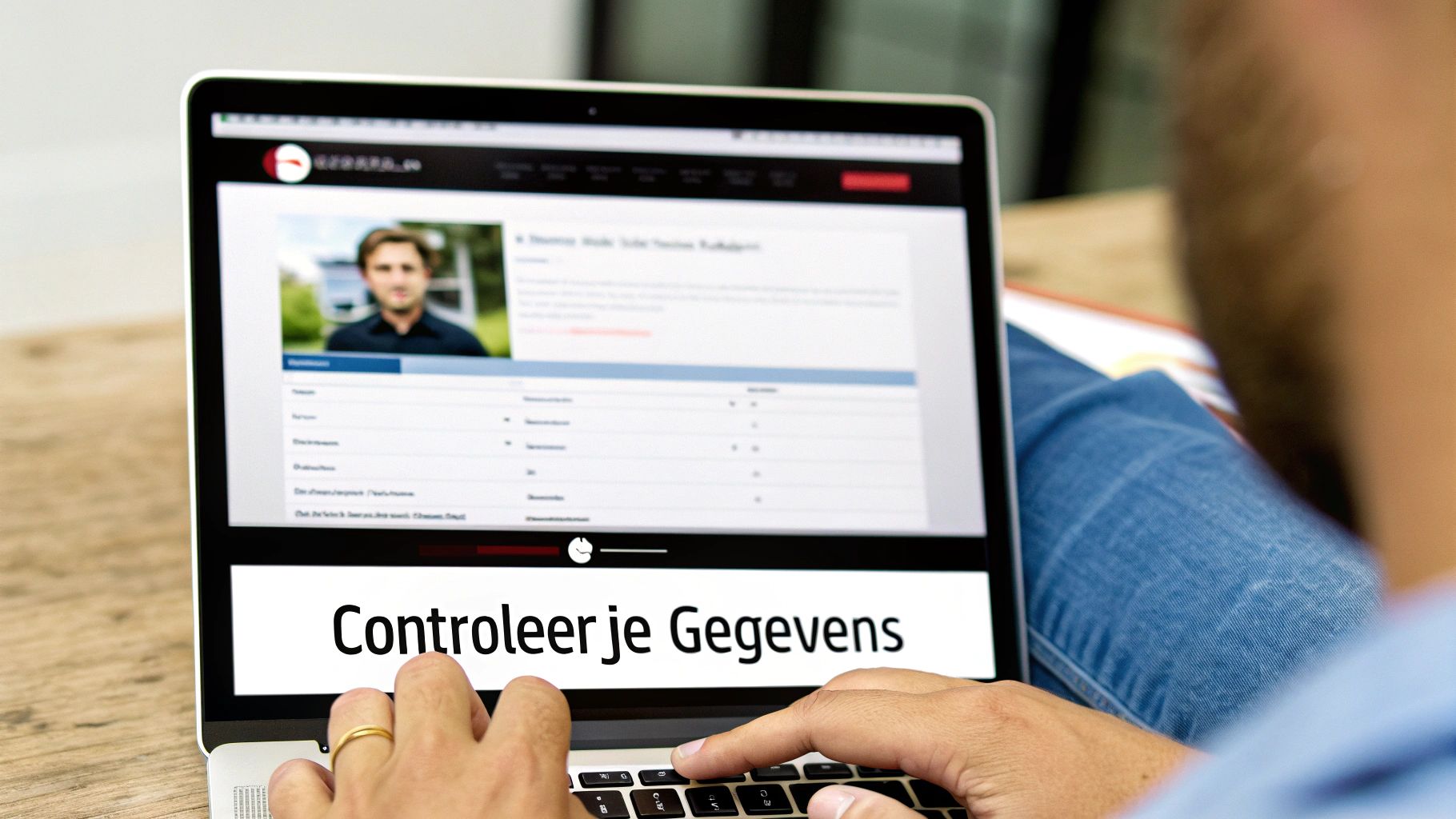 Persoon controleert gegevens op een laptop, met de tekst 'Controleer je Gegevens' prominent op het scherm.