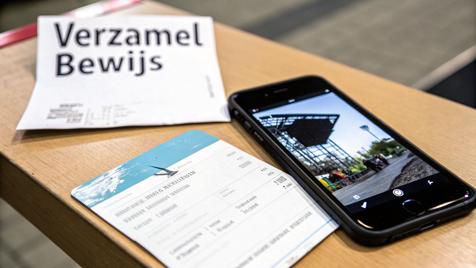 Een smartphone met een foto van een racebaan, twee documenten, waaronder één met 'Verzamel Bewijs', op een houten tafel.