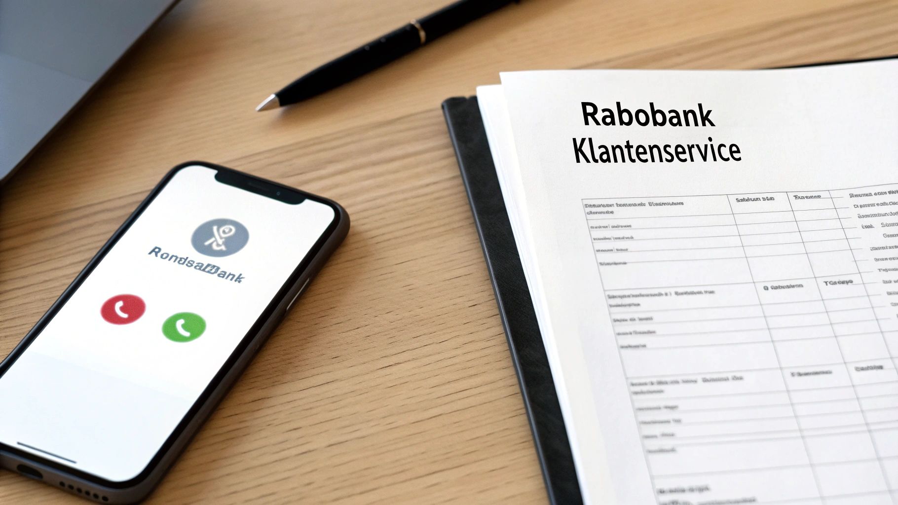 Een smartphone met een inkomende oproep van RondsBank, naast een document van Rabobank Klantenservice en een pen.
