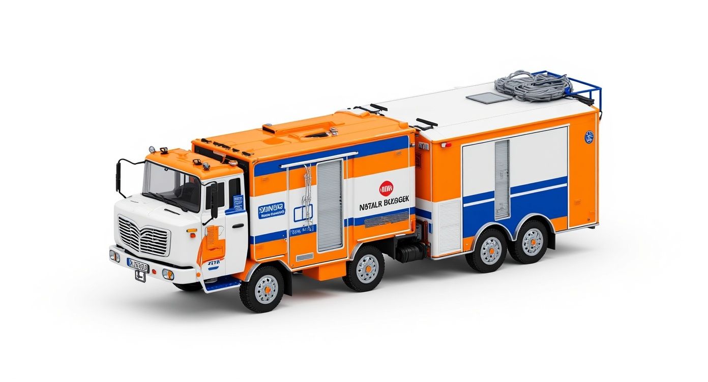 Oranje en witte miniatuur hulpverleningsvoertuig met uitschuifbare ladder en opgerolde slangen op het dak